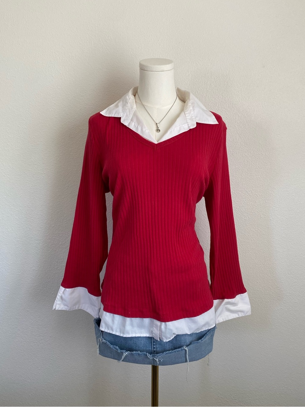 Carolyn Taylor 2 in 1 Layered Poplin Collar Sweater Top Red Size XL Office - Picture 2 of 6